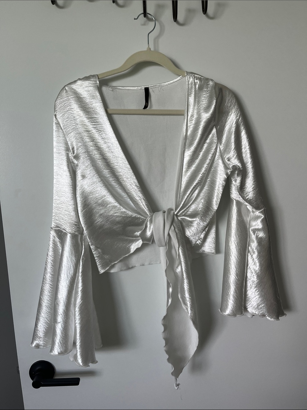 Silver Satin Tie-Front Blouse with Bell Sleeves